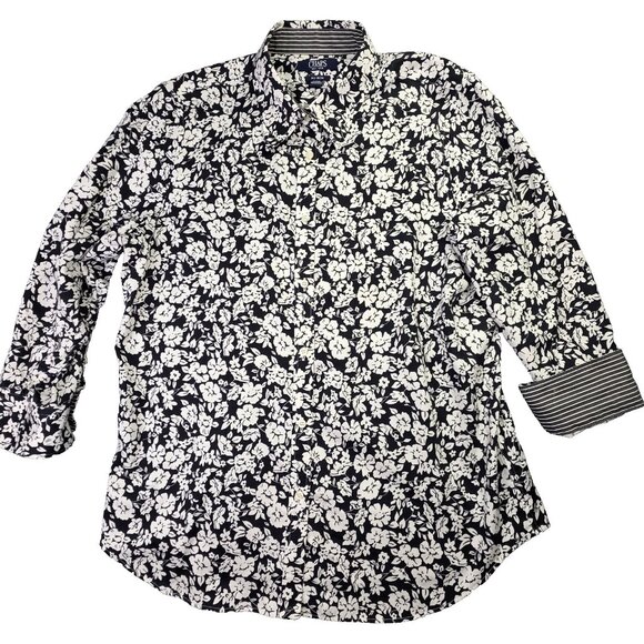 Chaps Shirt Womens Large Navy Blue White Floral Print No Iron Cotton Button Down - Picture 1 of 11